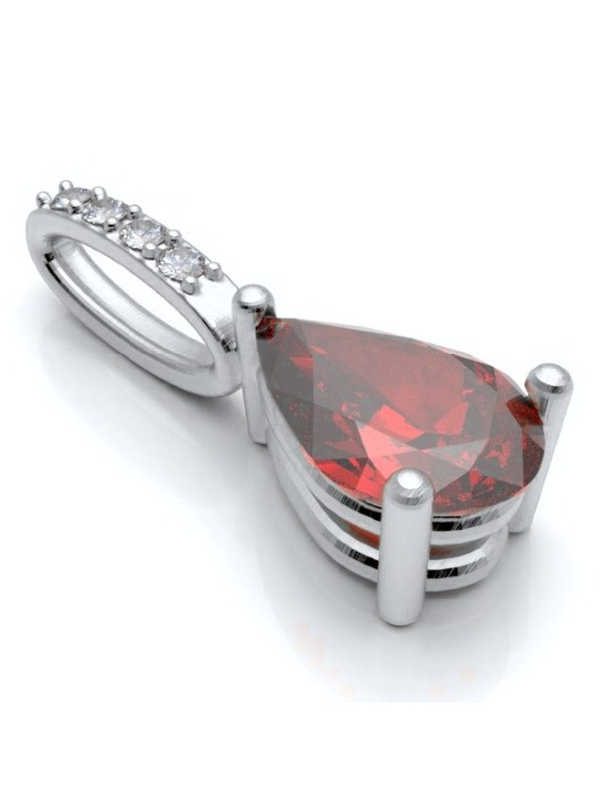 Modélisation 3D d'un pendentif en or blanc serti d'une pierre rouge taille poire et de diamants